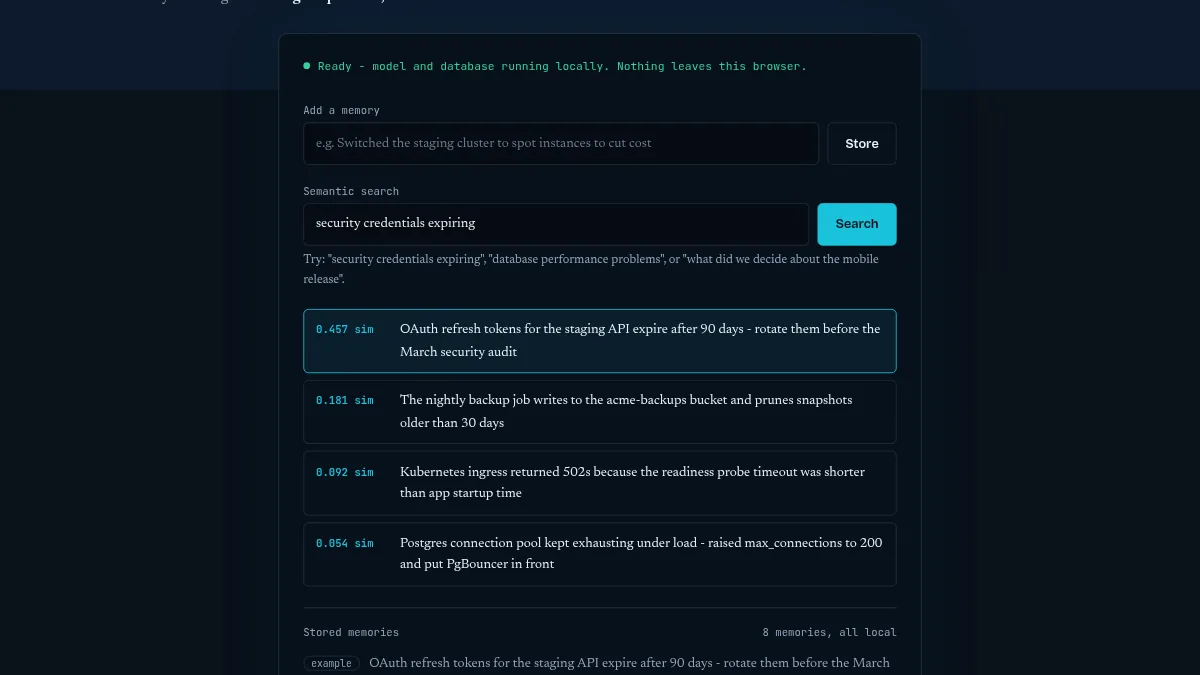 The live demo: a stored memory list and a search that returns ranked results, all in the browser
